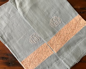 Vintage Blue Linen Hand Towels with Monograms & Lace