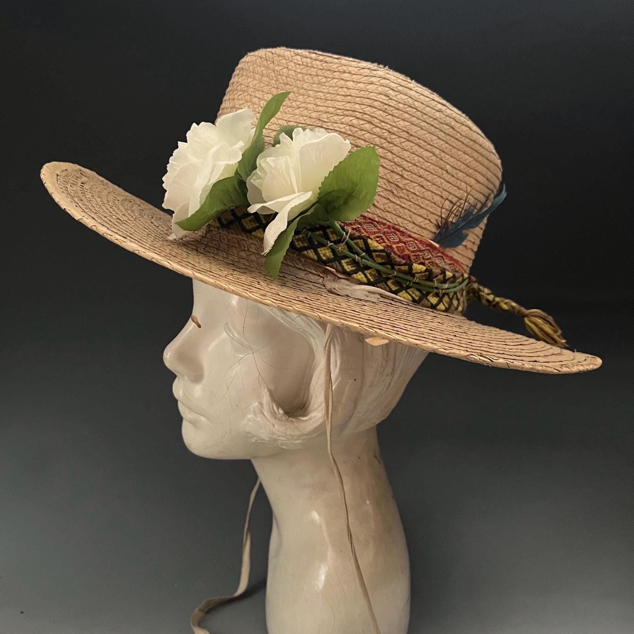 vintage‎ 1960\'s day hat woven velvet bow cream back slant Vintage Hat Cocoa Tone Straw Raffia Blossom Caramel Velvet  main image 2