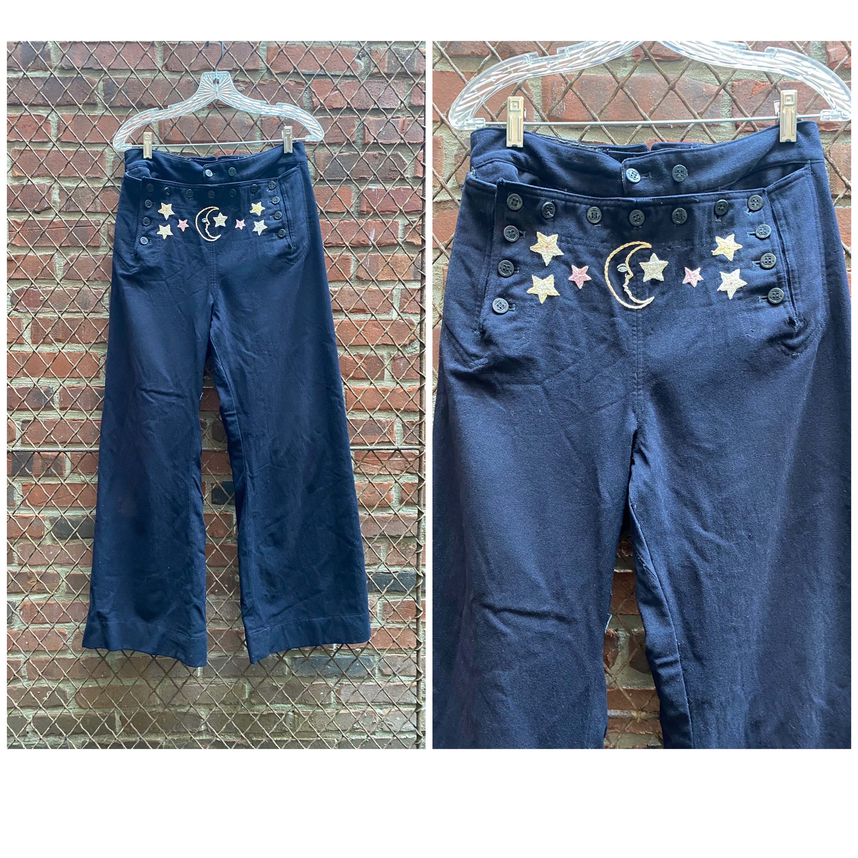 Vintage 70s Navy Blue Wool Sailor Pants Button Bib Front US 