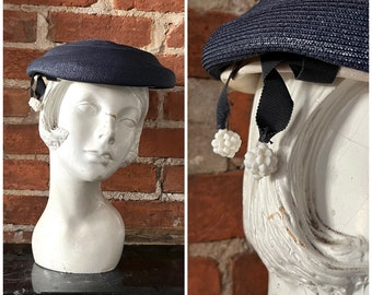 Vintage Brim Grey Cream Hat With Long Feather Cotton Styled 