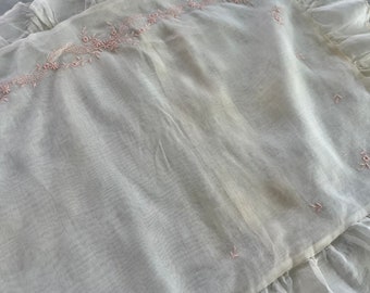 Vintage Swiss Embroidered Cotton Voile Diminutive Ruffled Pillowcase