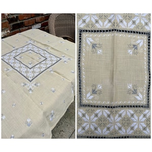 Vintage Embroidered Linen Tablecloth with Pulled Thread Borders/Scandinavian