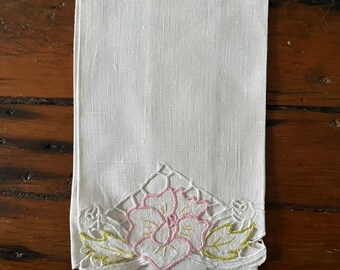 Vintage Linen Hand Towel with Floral Cutwork