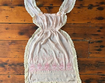 Antique Lace Trimmed Embroidered Pink Silk Apron