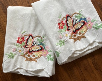 Pair of Vintage Embroidered Cotton Pillowcases with Butterflies