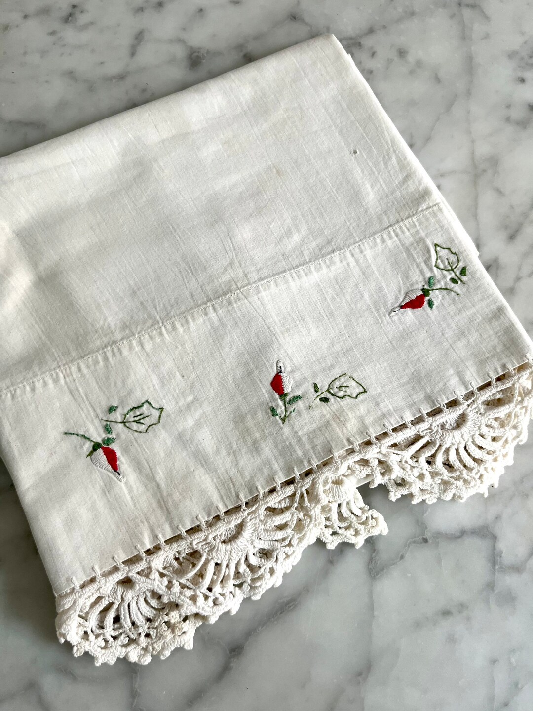 Vintage Floral Embroidered Cotton Pillowcase With Hand Crochet/visible