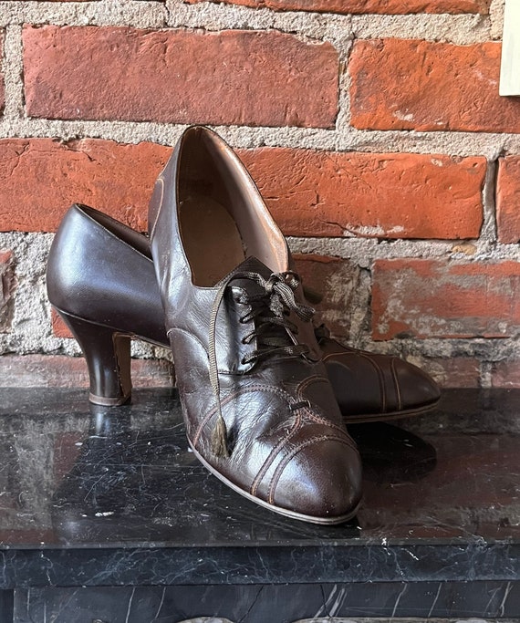 1940s Brown Leather Oxford Tie Heels/Rockabilly S… - image 1