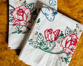 Pair of Vintage Embroidered Cotton Pillowcases