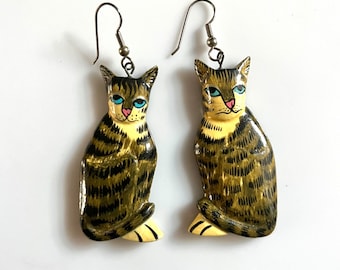 1960s Handpainted Cat Earrings/Bohemian/Cat Love