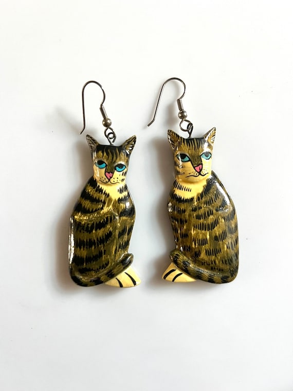 1960s Handpainted Cat Earrings/Bohemian/Cat Love