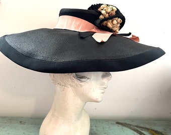 Edwardian Esme Navy Wide Brimmed Straw Hat/Garden Party/Wedding