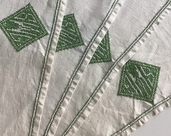 Set of Linen Placements/Cream and Green/Cross Stitched Placemats