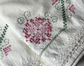 Pair of Vintage Embroidered Cross Stitch Cotton Pillowcases with Lace