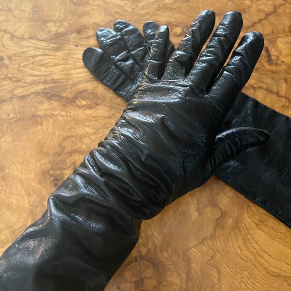 Vintage 1960s Wear-Right Long Black Kid Leather Gloves /Mod/Western Germany/Size 7