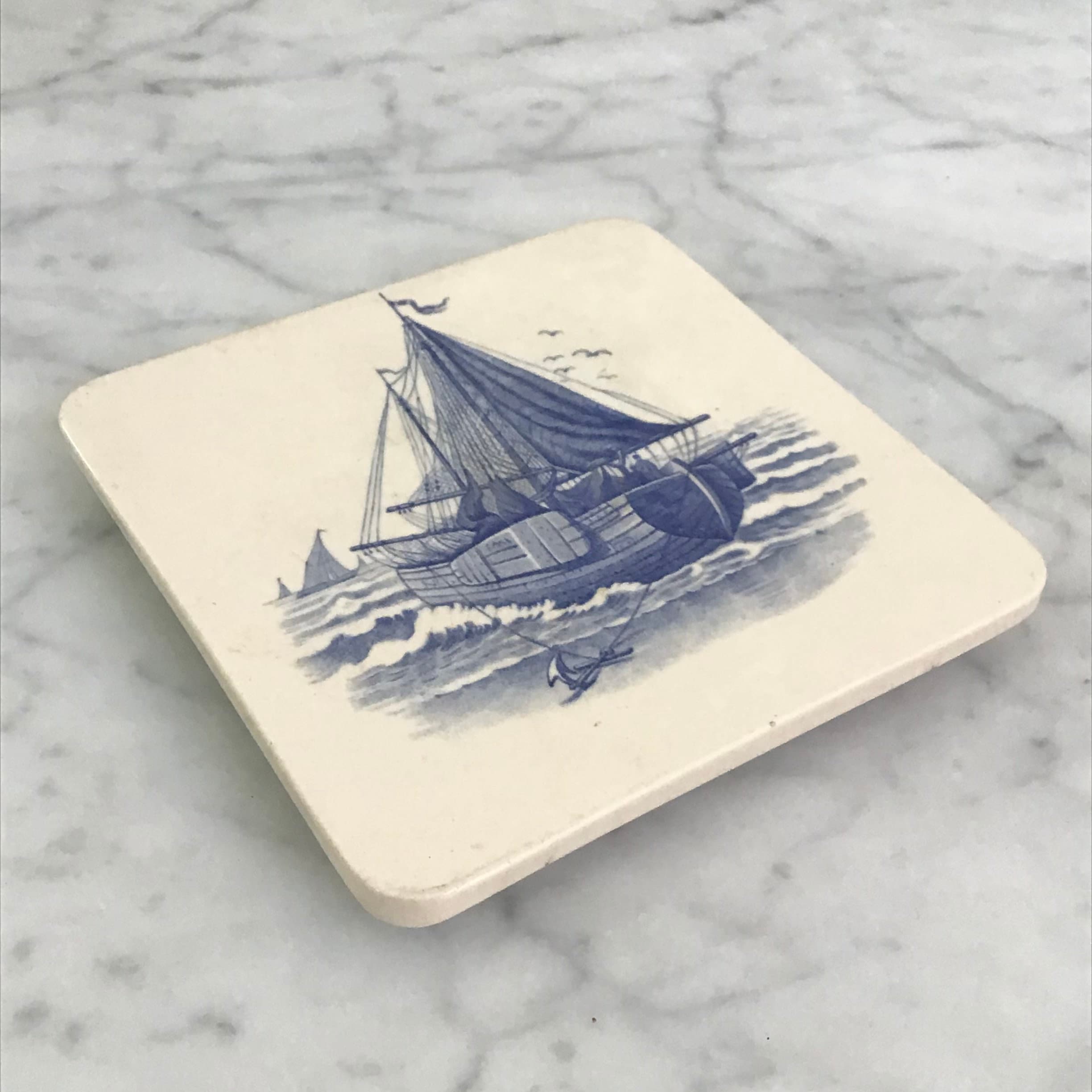 Antique Tile Trivet with Sailboat