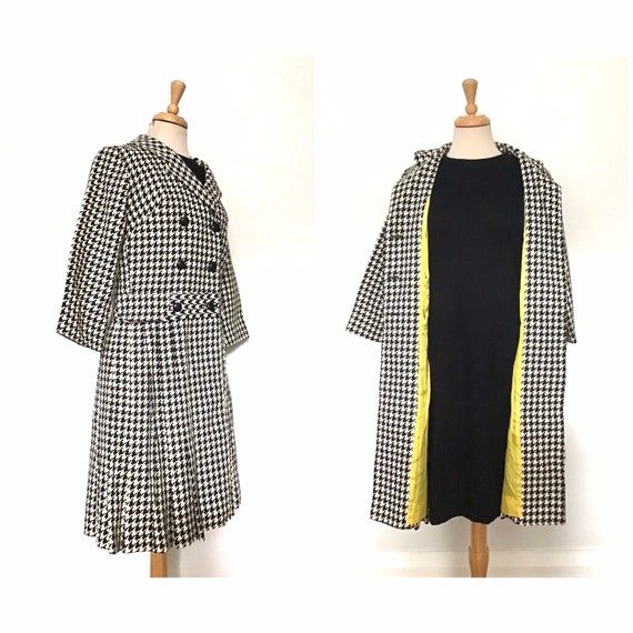 1960s Leslie Fay Houndstooth Coat and Black Dress Set - Gem