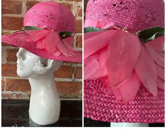 1970s Floppy Brim Pink Straw Hat/Kentucky Derby