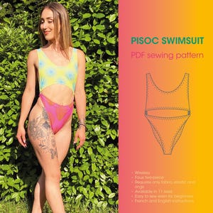 PDF sewing pattern and tutorial DIY of the Pisoc one-piece SWIMSUIT or bathing suit or swimwear for women