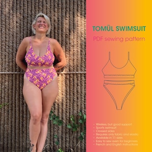 PDF sewing pattern and tutorial DIY of the Tomül two-piece sports SWIMSUIT or bathing suit or swimwear for women