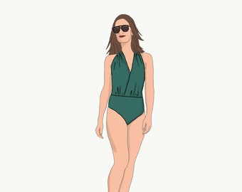 PDF sewing pattern and tutorial DIY of the Jamanota One Piece SWIMSUIT of bathing suit or swimwear for Women