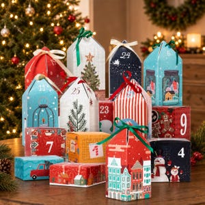 May include: A collection of colorful cardboard advent calendar boxes in various shapes and sizes, featuring festive illustrations of Christmas trees, snowmen, gingerbread men, houses, and lanterns, each marked with a unique number from 1 to 25.