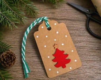Handmade Kraft Paper Christmas Tree Gift Tags: Gold star, Pre-strung Twine - 5 pack