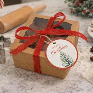 Small 3.9" Kraft Christmas Bakery Box Kit, Burlap Ribbon, Tags - Set of 4