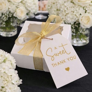 Small 3.9" Sweet Thank You Bakery Box Kit, Gold Ribbon, Tags - Set of 4
