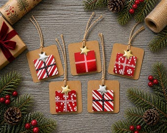 Handmade Christmas Present Gift Tags: Red Foil Mix Presents with Star | 5 per pack