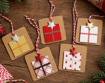 Handmade Christmas Present Gift Tags: Red and Gold Presents with Star - 5 pack
