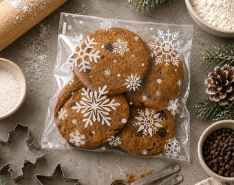 5.5" Clear Snowflake Plastic Cookie Bags: Self Adhesive Treat Bags - 25 per pack