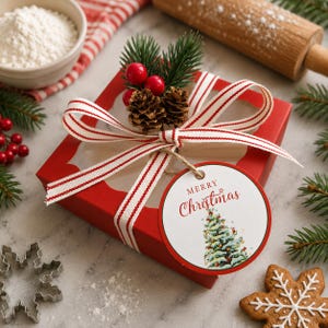 Small 3.9" Red Christmas Bakery Box Kit, Ribbon, Gift Tags - Set of 4