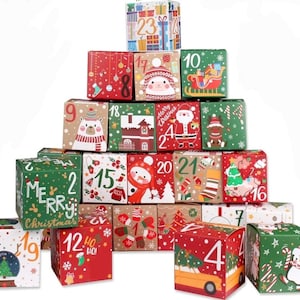 May include: A festive Christmas advent calendar with 24 numbered boxes. Each box features holiday-themed illustrations, including Santa Claus, snowmen, and Christmas trees. The boxes are in various colors, including red, green, and white.