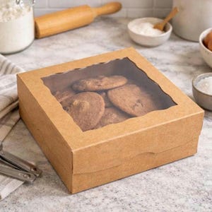 5" Brown Kraft Bakery Boxes with Clear Windows; Cookie Treat Packaging - Set of 5