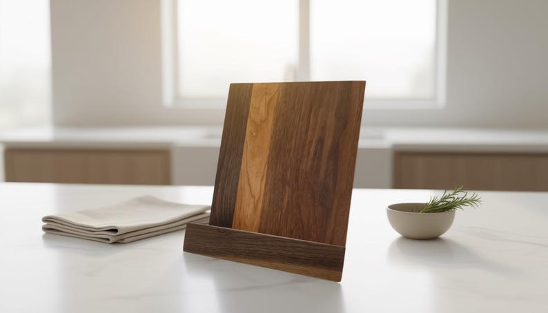 Wooden Cookbook Stand – Walnut & Cherry Recipe Book Holder – Folding Kitchen Tablet Stand – Modern Counter Decor – Gift for Home Chef image 5