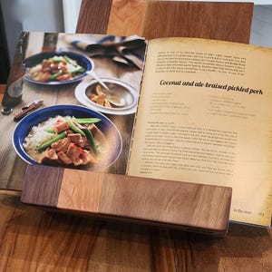 Wooden Cookbook Stand – Walnut & Cherry Recipe Book Holder – Folding Kitchen Tablet Stand – Modern Counter Decor – Gift for Home Chef image 3