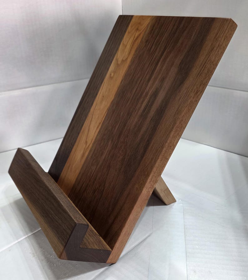 Wooden Cookbook Stand – Walnut & Cherry Recipe Book Holder – Folding Kitchen Tablet Stand – Modern Counter Decor – Gift for Home Chef image 4