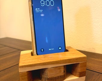 Houten draadloze opladerstandaard – akoestische telefoonversterker – handgemaakt houten iPhone- en Android-dock – modern bureaudecor