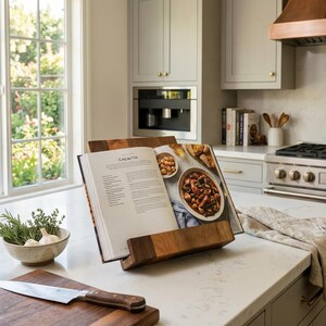 Wooden Cookbook Stand – Walnut & Cherry Recipe Book Holder – Folding Kitchen Tablet Stand – Modern Counter Decor – Gift for Home Chef image 2