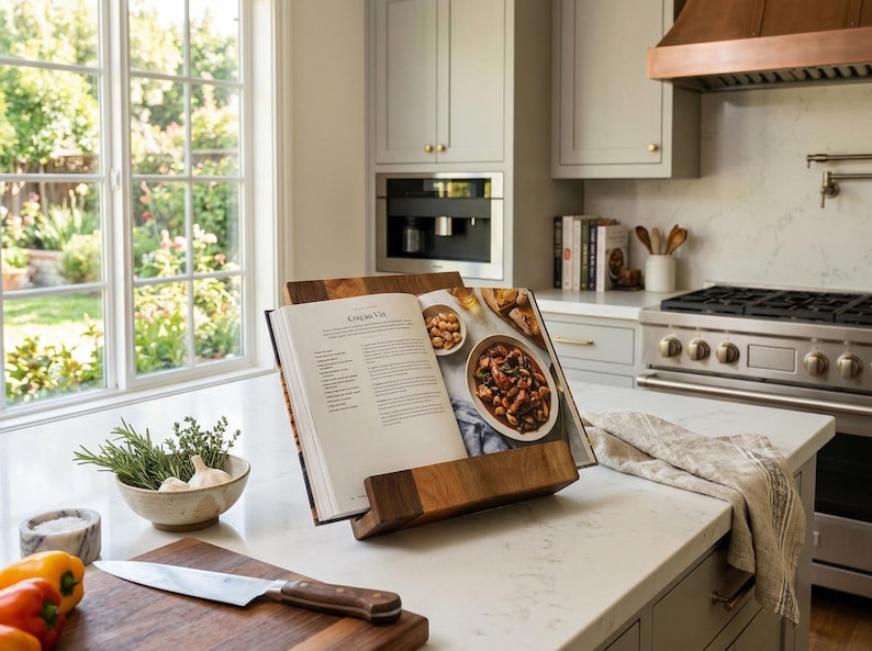 Wooden Cookbook Stand – Walnut & Cherry Recipe Book Holder – Folding Kitchen Tablet Stand – Modern Counter Decor – Gift for Home Chef image 2