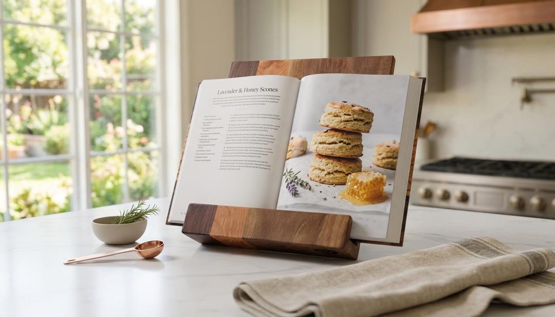 Wooden Cookbook Stand – Walnut & Cherry Recipe Book Holder – Folding ...