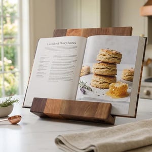 Wooden Cookbook Stand – Walnut & Cherry Recipe Book Holder – Folding Kitchen Tablet Stand – Modern Counter Decor – Gift for Home Chef