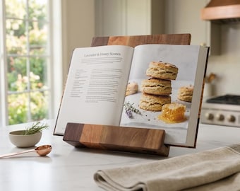 Wooden Cookbook Stand – Walnut & Cherry Recipe Book Holder – Folding Kitchen Tablet Stand – Modern Counter Decor – Gift for Home Chef