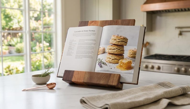 Wooden Cookbook Stand – Walnut & Cherry Recipe Book Holder – Folding Kitchen Tablet Stand – Modern Counter Decor – Gift for Home Chef image 1