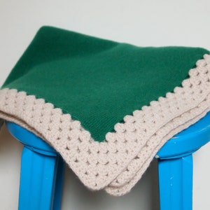 Available In 3 Sizes Soft Lambswool Knitted Green Blanket With Off White Crocheted Edging image 2