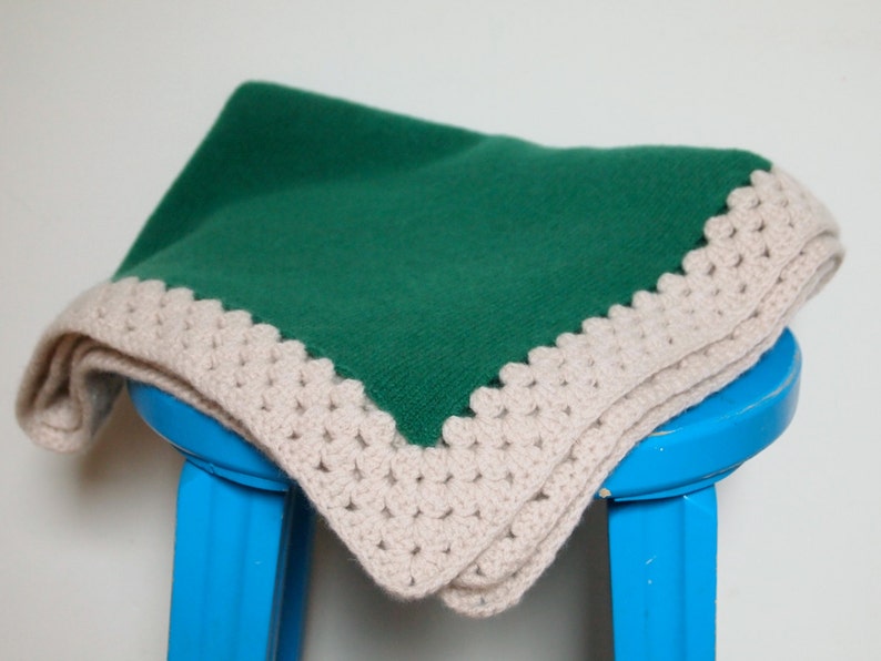 Available In 3 Sizes Soft Lambswool Knitted Green Blanket With Off White Crocheted Edging image 2