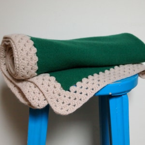 Available In 3 Sizes Soft Lambswool Knitted Green Blanket With Off White Crocheted Edging image 1