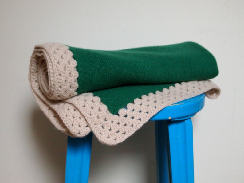 Available In 3 Sizes Soft Lambswool Knitted Green Blanket With Off White Crocheted Edging image 1