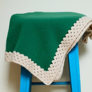 Available In 3 Sizes Soft Lambswool Knitted Green Blanket With Off White Crocheted Edging image 3