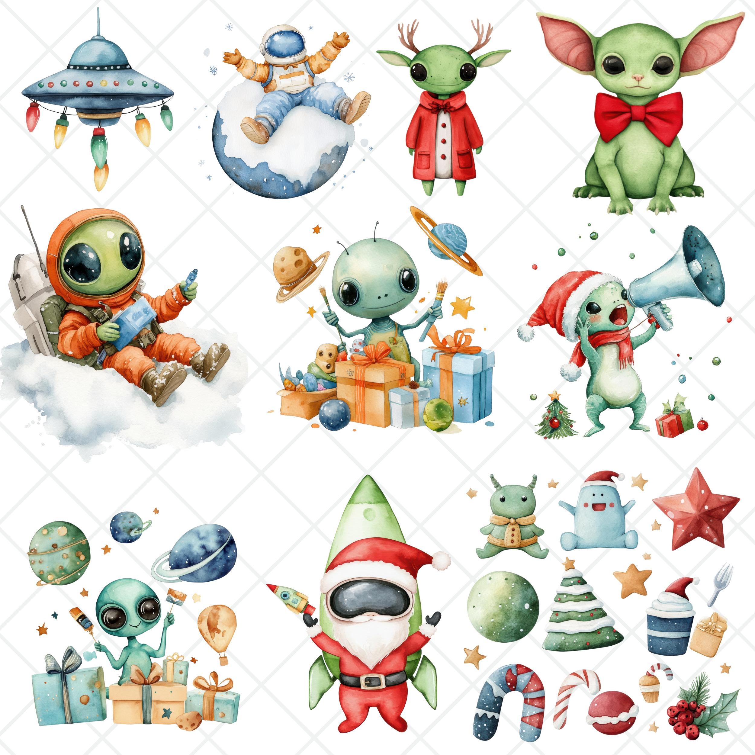 Christmas Alien Watercolor Clipart, Santa Hats, UFO PNG (digital ...